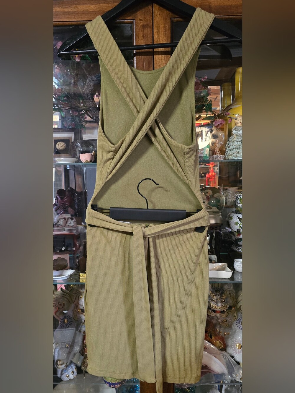 Saints + Secrets Khaki Ribbed Backless Cross Strap Midi Dress - Picture 3 of 4